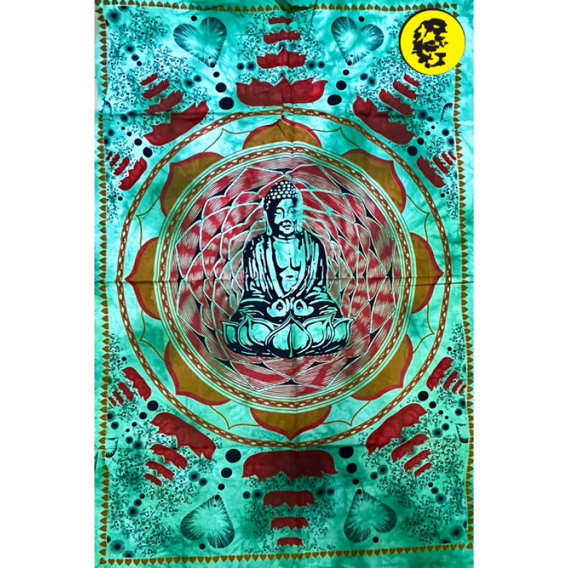 Панно  хлопковое из Индии «Будда зелёный на фоне лотосов» 120*80см #32